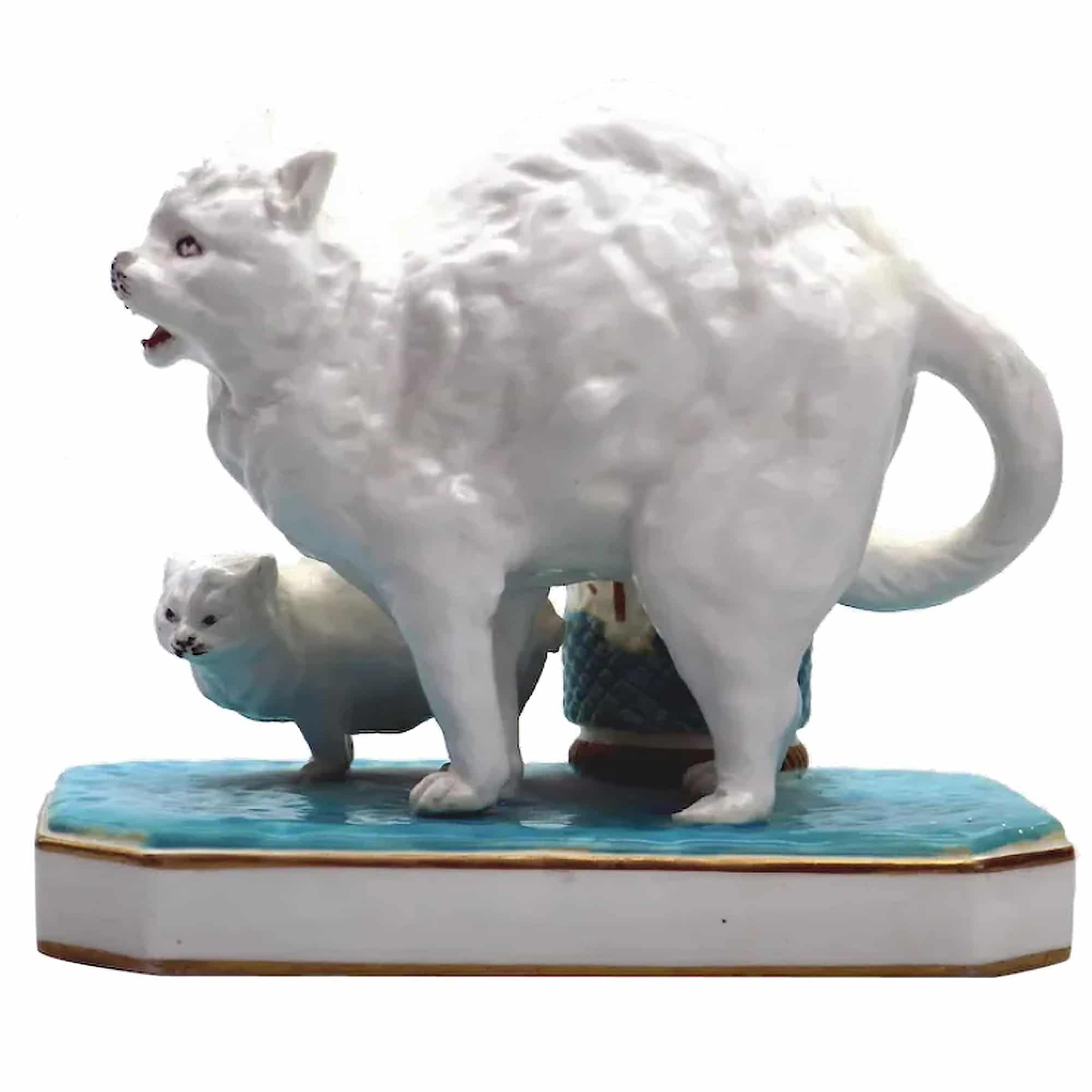 An unusual antique novelty Cat & Kitten porcelain Striker / Match Holder C.19thC