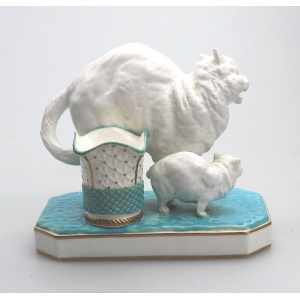 An unusual antique novelty Cat & Kitten porcelain Striker / Match Holder C.19thC