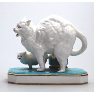 An unusual antique novelty Cat & Kitten porcelain Striker / Match Holder C.19thC