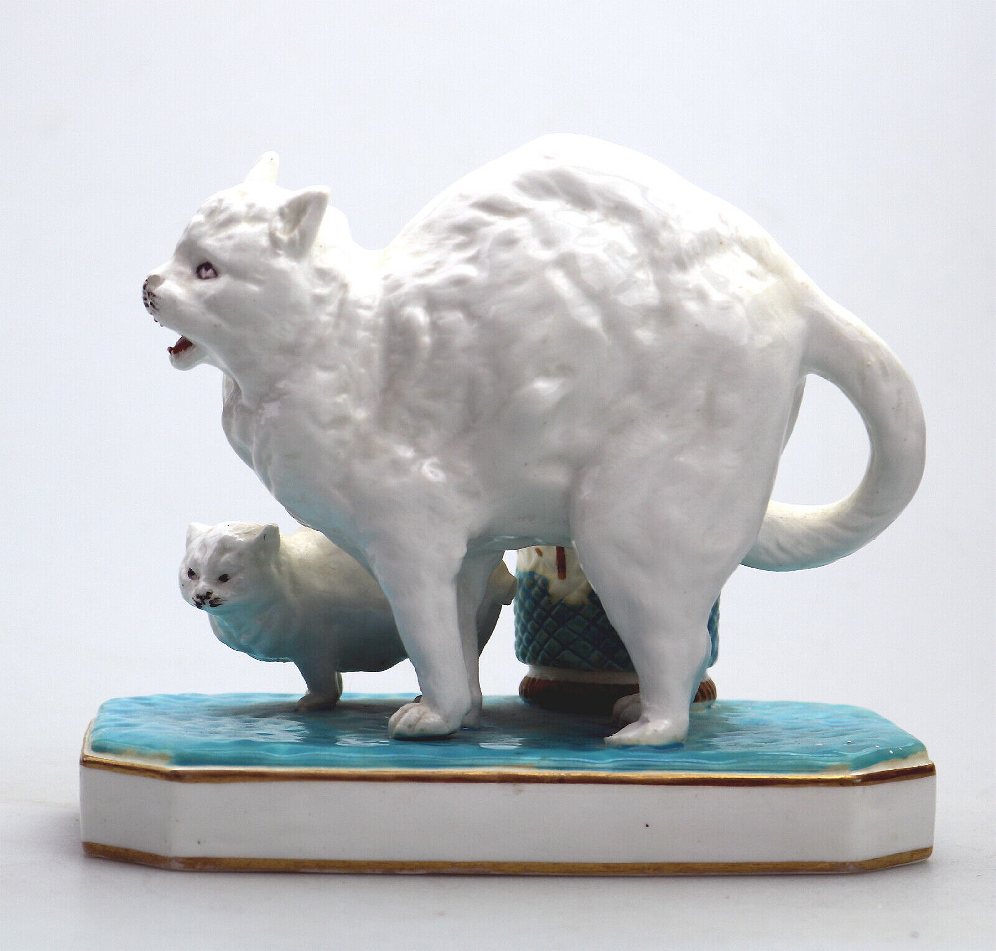 An unusual antique novelty Cat & Kitten porcelain Striker / Match Holder C.19thC