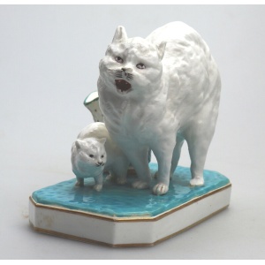 An unusual antique novelty Cat & Kitten porcelain Striker / Match Holder C.19thC