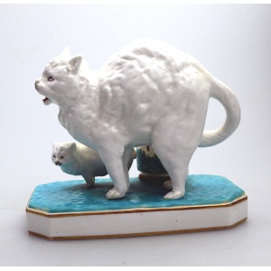 An unusual antique novelty Cat & Kitten porcelain Striker / Match Holder C.19thC