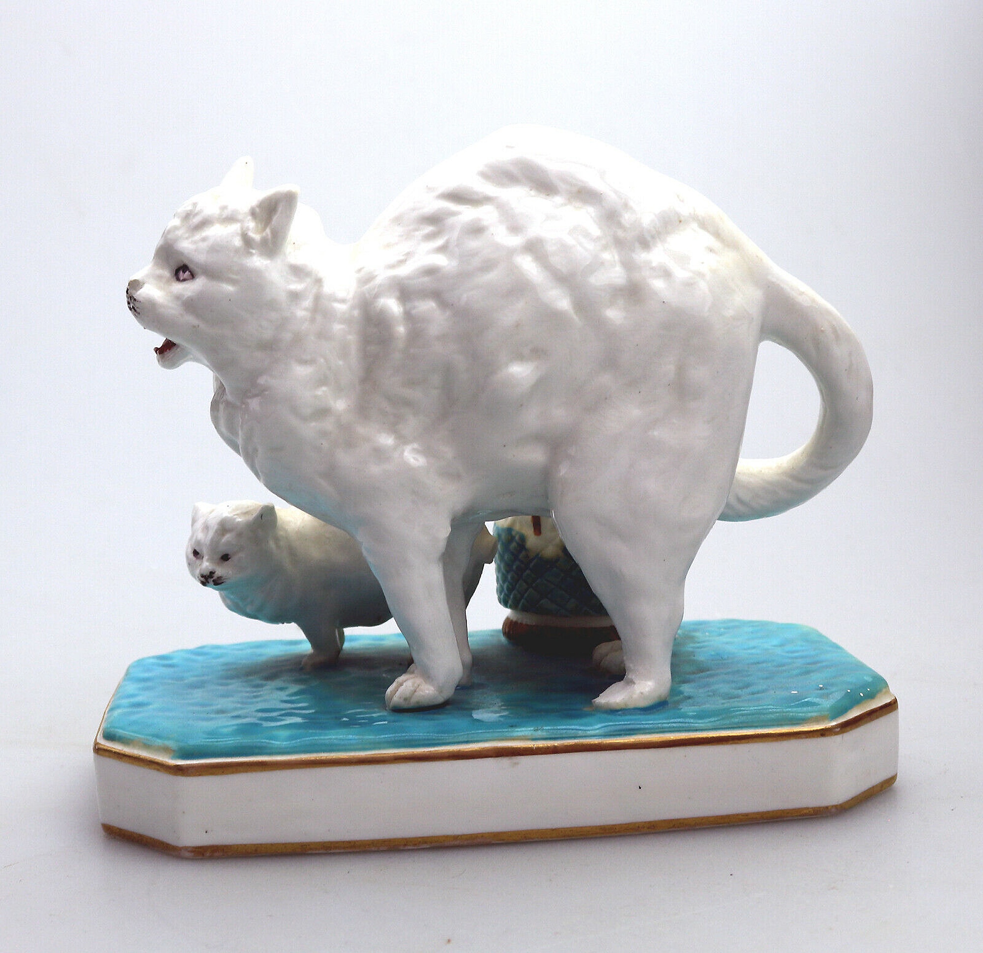 An unusual antique novelty Cat & Kitten porcelain Striker / Match Holder C.19thC
