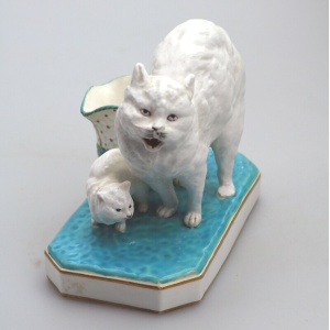 An unusual antique novelty Cat & Kitten porcelain Striker / Match Holder C.19thC