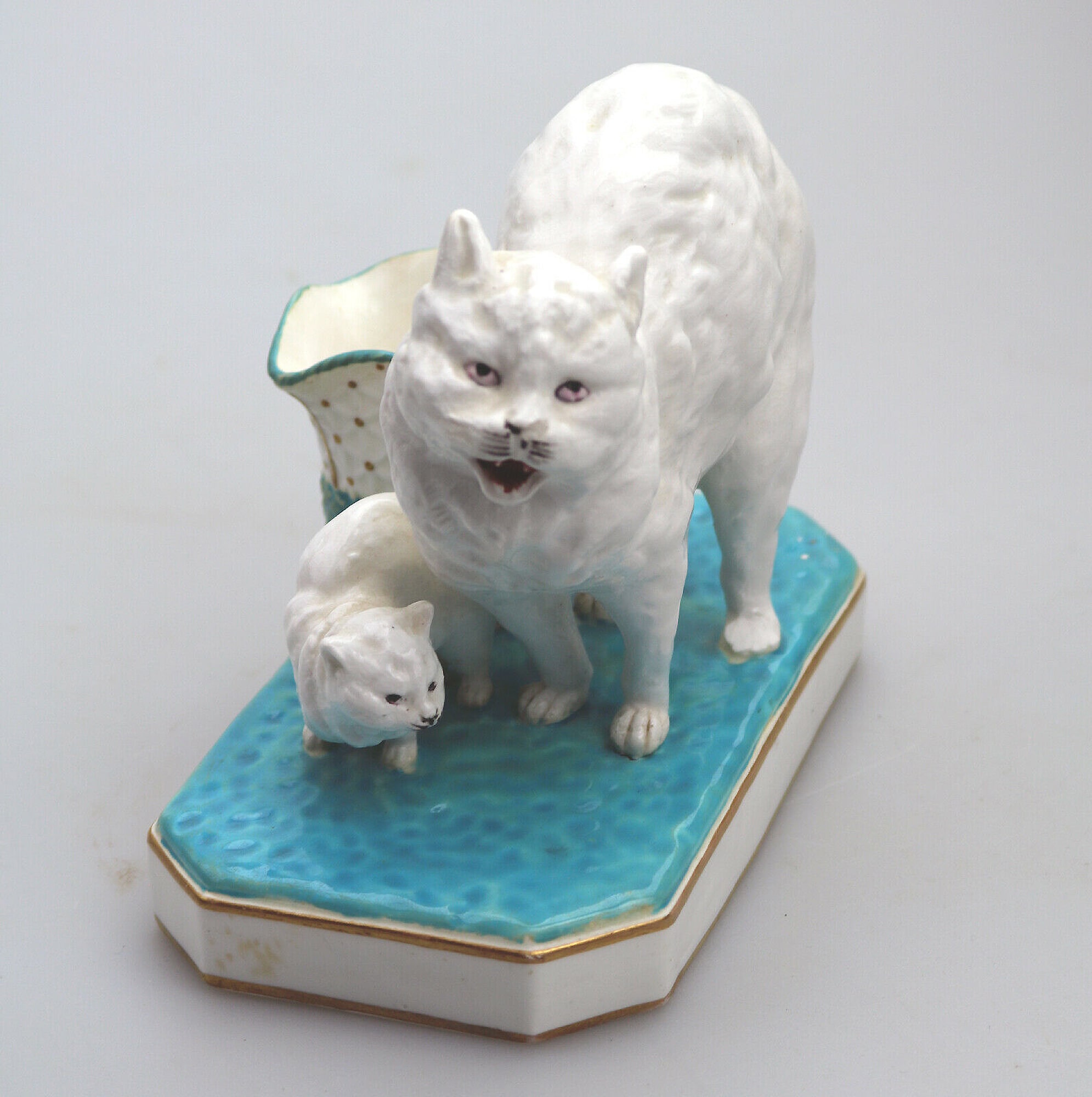 An unusual antique novelty Cat & Kitten porcelain Striker / Match Holder C.19thC
