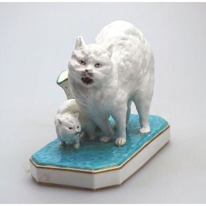 An unusual antique novelty Cat & Kitten porcelain Striker / Match Holder C.19thC