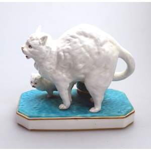 An unusual antique novelty Cat & Kitten porcelain Striker / Match Holder C.19thC