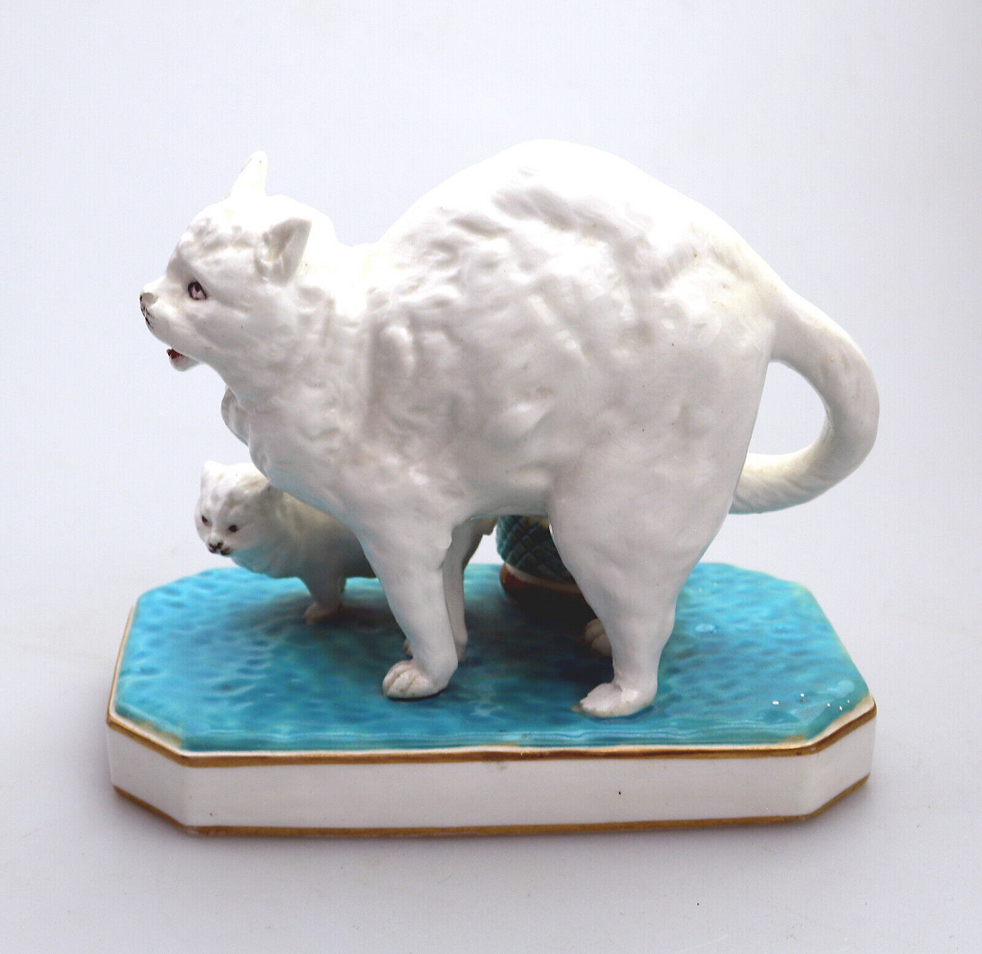 An unusual antique novelty Cat & Kitten porcelain Striker / Match Holder C.19thC