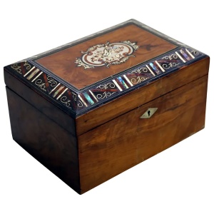 A fine antique inlaid walnut and silver abalone shell etc... Tea Caddy C.19thC