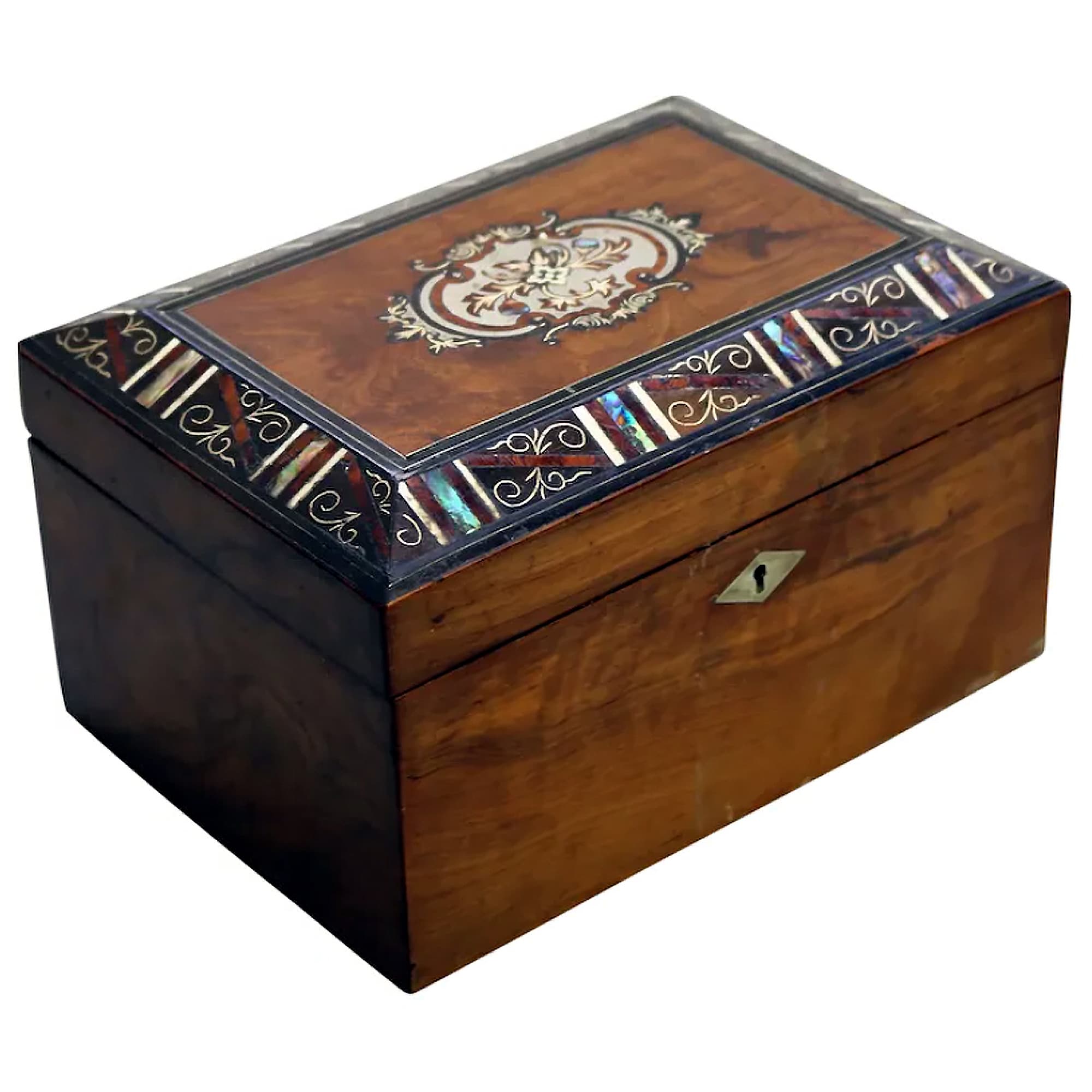 A fine antique inlaid walnut and silver abalone shell etc... Tea Caddy C.19thC