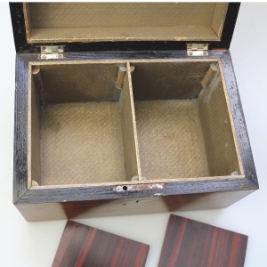 A fine antique inlaid walnut and silver abalone shell etc... Tea Caddy C.19thC