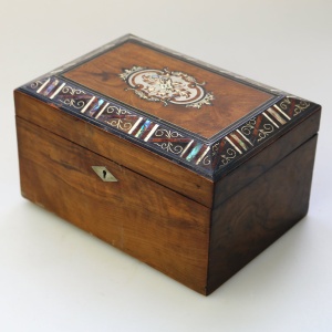 A fine antique inlaid walnut and silver abalone shell etc... Tea Caddy C.19thC