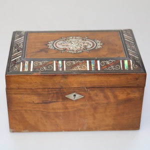 A fine antique inlaid walnut and silver abalone shell etc... Tea Caddy C.19thC