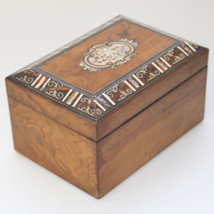 A fine antique inlaid walnut and silver abalone shell etc... Tea Caddy C.19thC