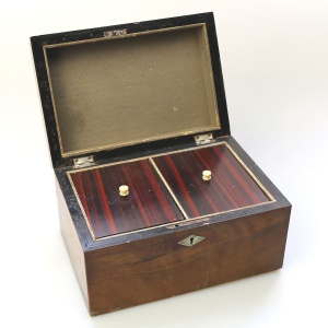 A fine antique inlaid walnut and silver abalone shell etc... Tea Caddy C.19thC