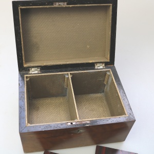 A fine antique inlaid walnut and silver abalone shell etc... Tea Caddy C.19thC