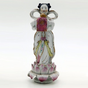 An antique Chinese porcelain Figure of girl stood on a lotus flower C.1900+