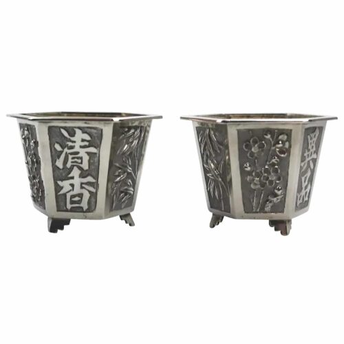 A good pair antique Chinese solid silver novelty Wang Hing Salts & liners C.1900