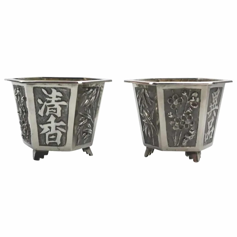 A good pair antique Chinese solid silver novelty Wang Hing Salts & liners C.1900