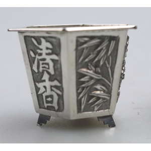 A good pair antique Chinese solid silver novelty Wang Hing Salts & liners C.1900