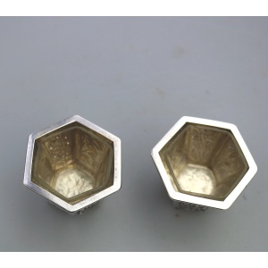 A good pair antique Chinese solid silver novelty Wang Hing Salts & liners C.1900