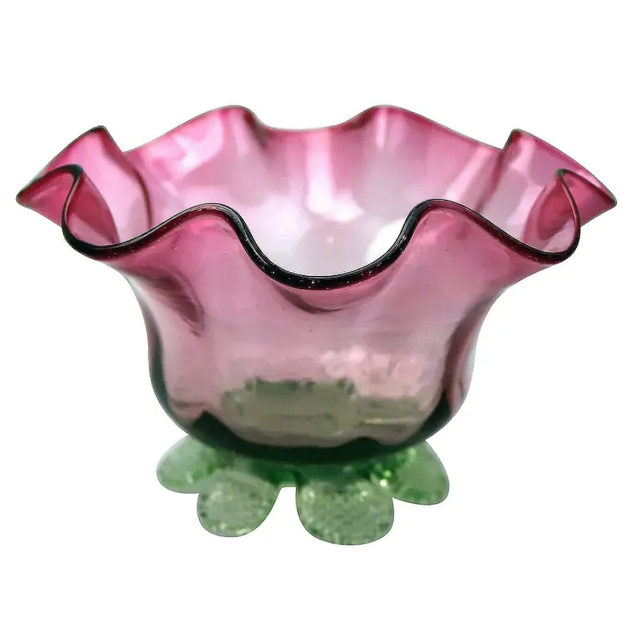 A very unusual antique Victorian cranberry green & clear glass Candy Bowl C.19thC