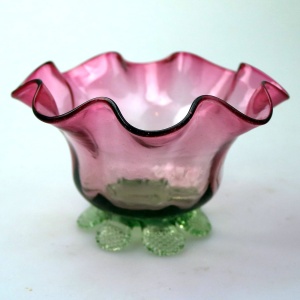 A very unusual antique Victorian cranberry green & clear glass Candy Bowl C.19thC