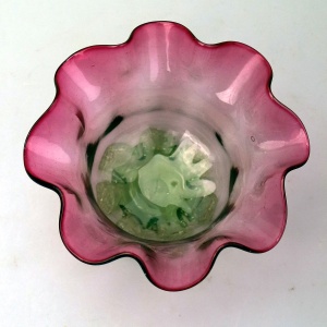 A very unusual antique Victorian cranberry green & clear glass Candy Bowl C.19thC