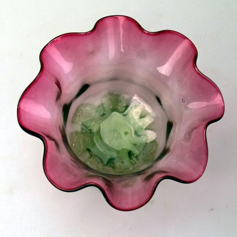 A very unusual antique Victorian cranberry green & clear glass Candy Bowl C.19thC