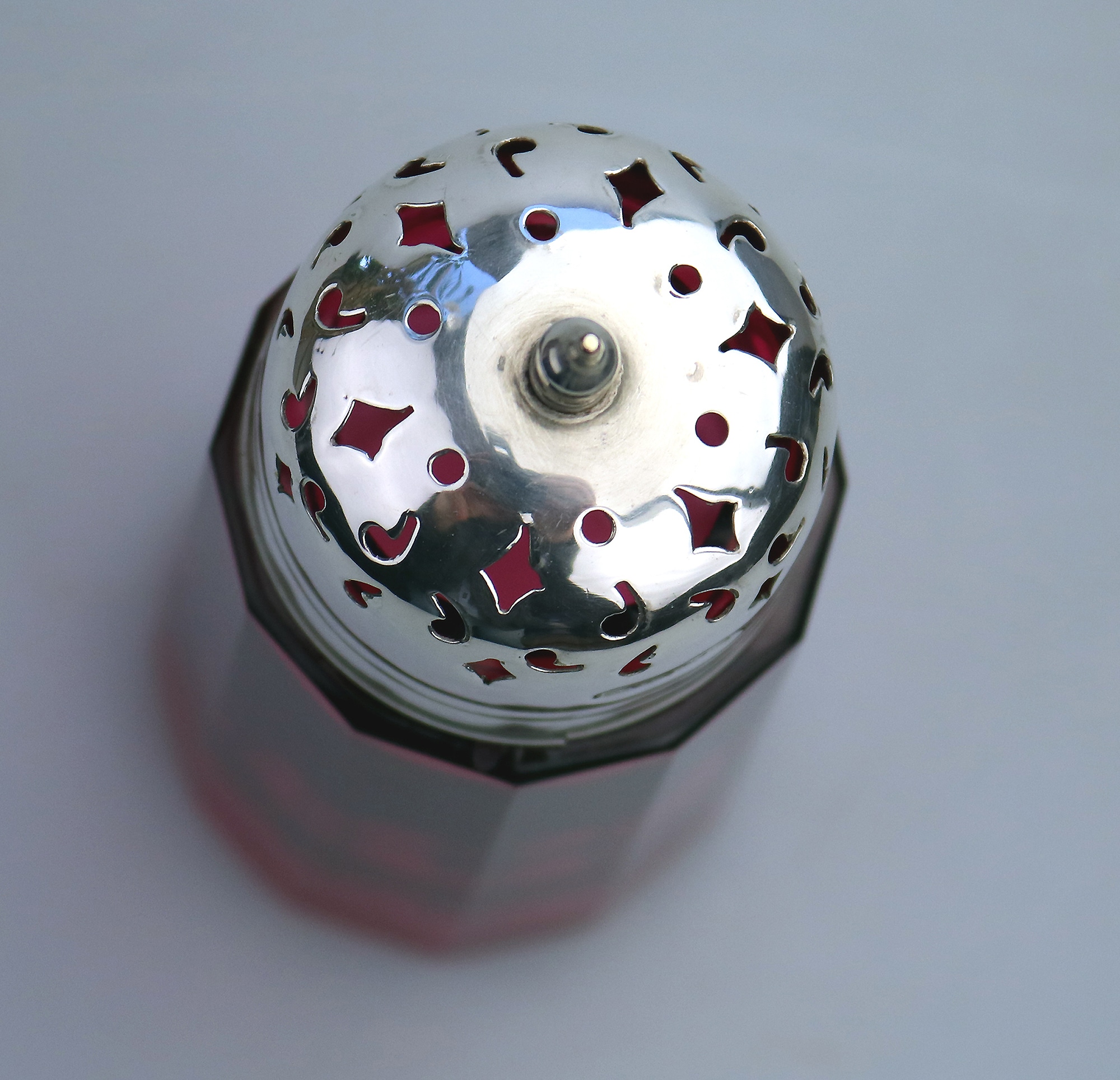 An antique Victorian cranberry glass silver plate Muffineer Sugar Shaker C.19thC