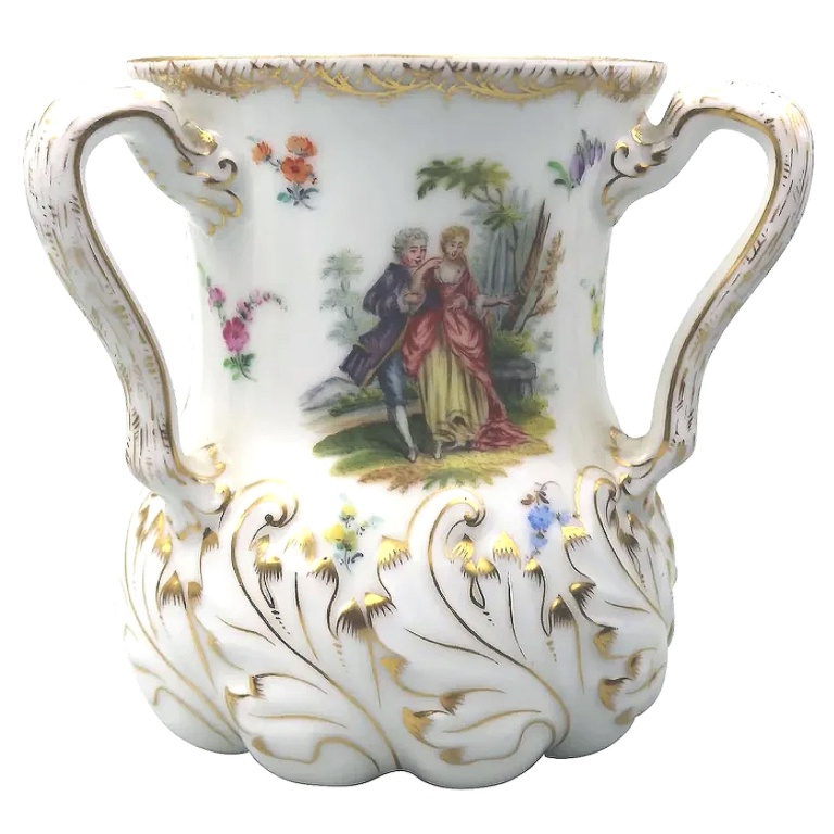Large Dresden decorated porcelain Angelica Kauffman type Tyg Loving Cup C.20thC