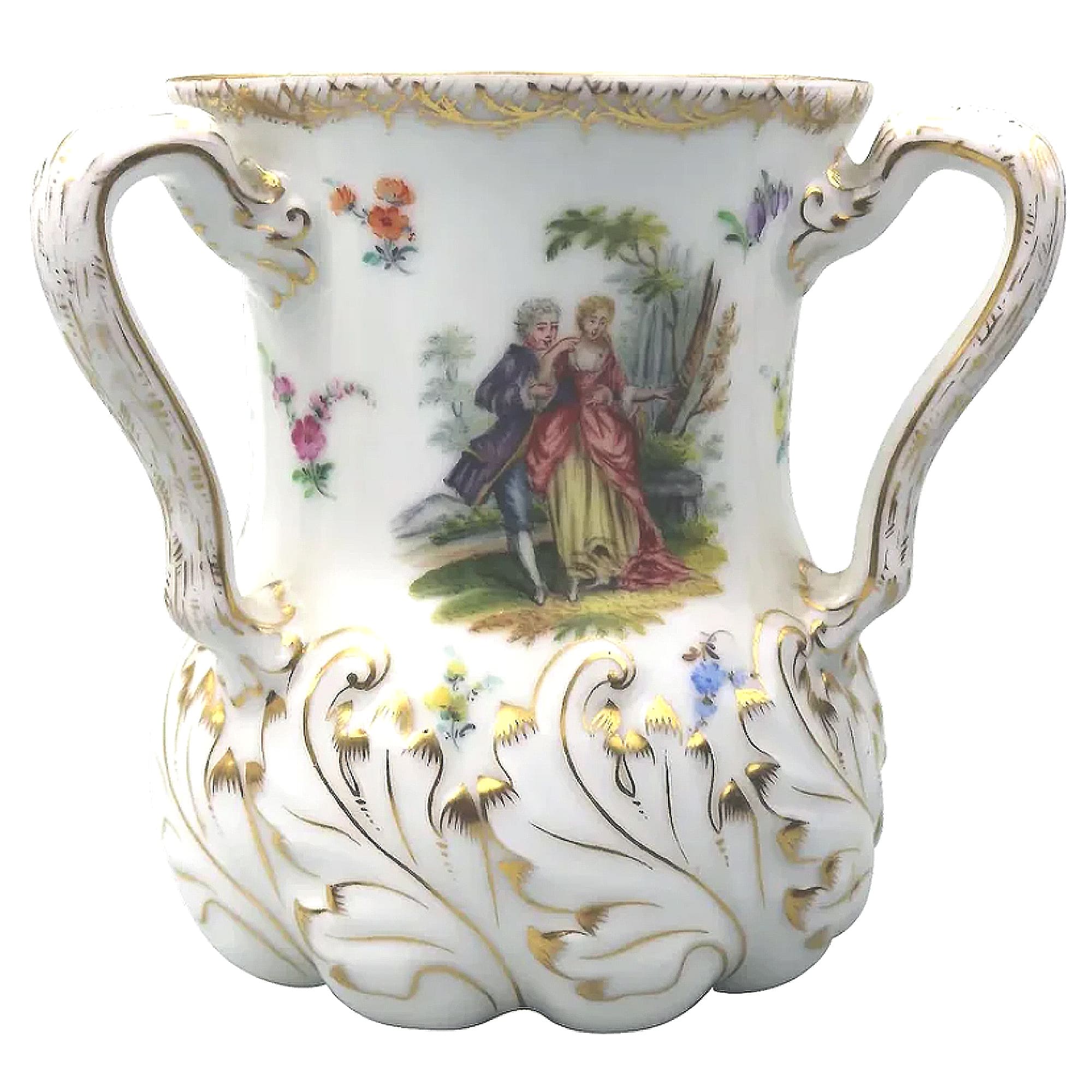 Large Dresden decorated porcelain Angelica Kauffman type Tyg Loving Cup C.20thC