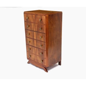 Tall Slim French Walnut Art Deco Chest Of Drawers