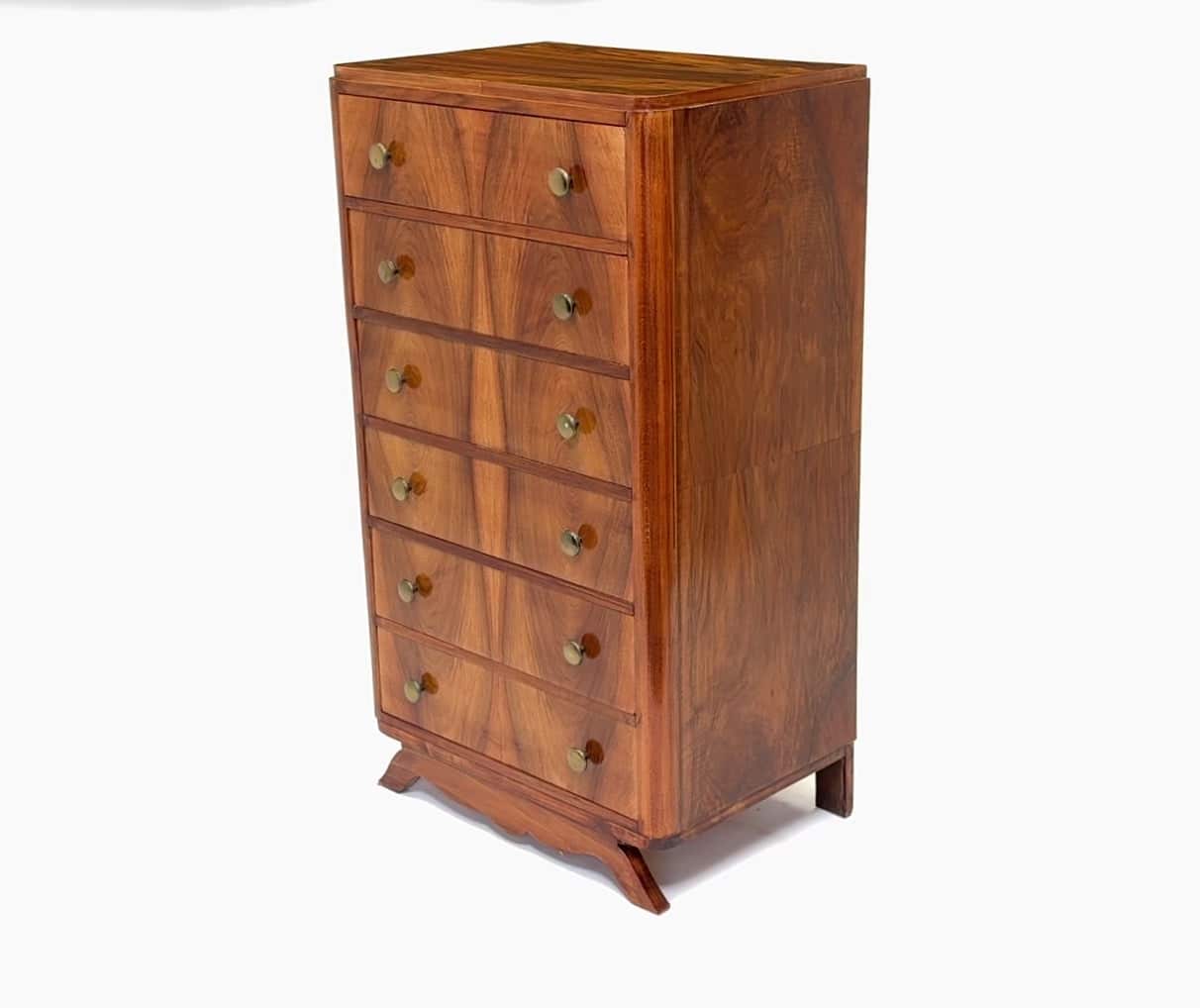 Tall Slim French Walnut Art Deco Chest Of Drawers