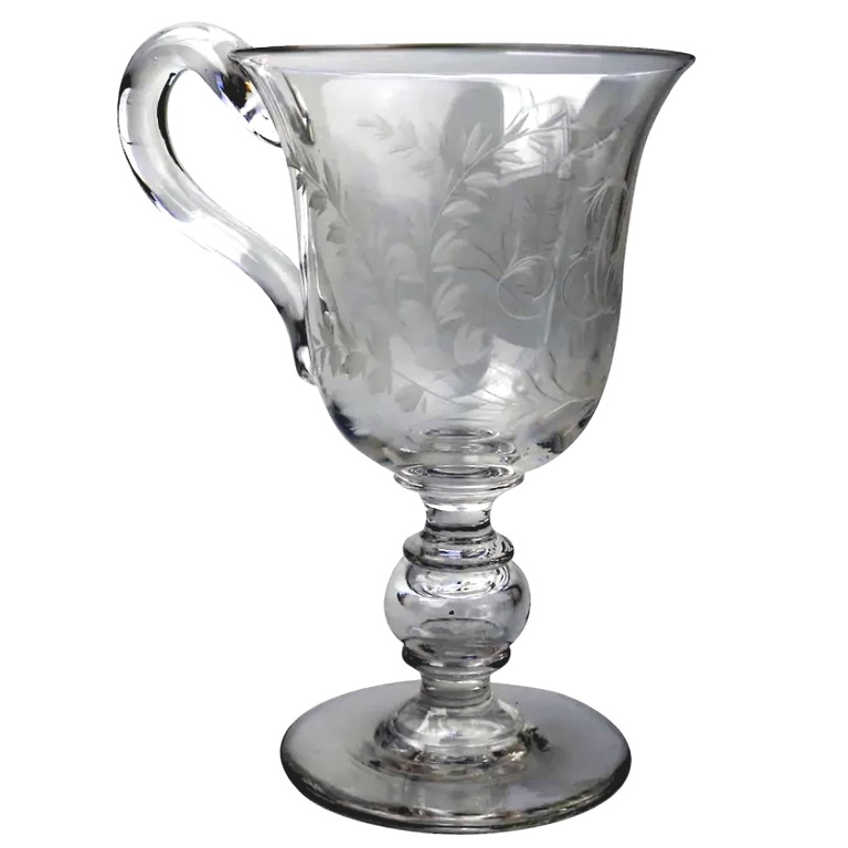 An unusual & substantial antique Victorian engraved hollow stem glass Goblet 19thC
