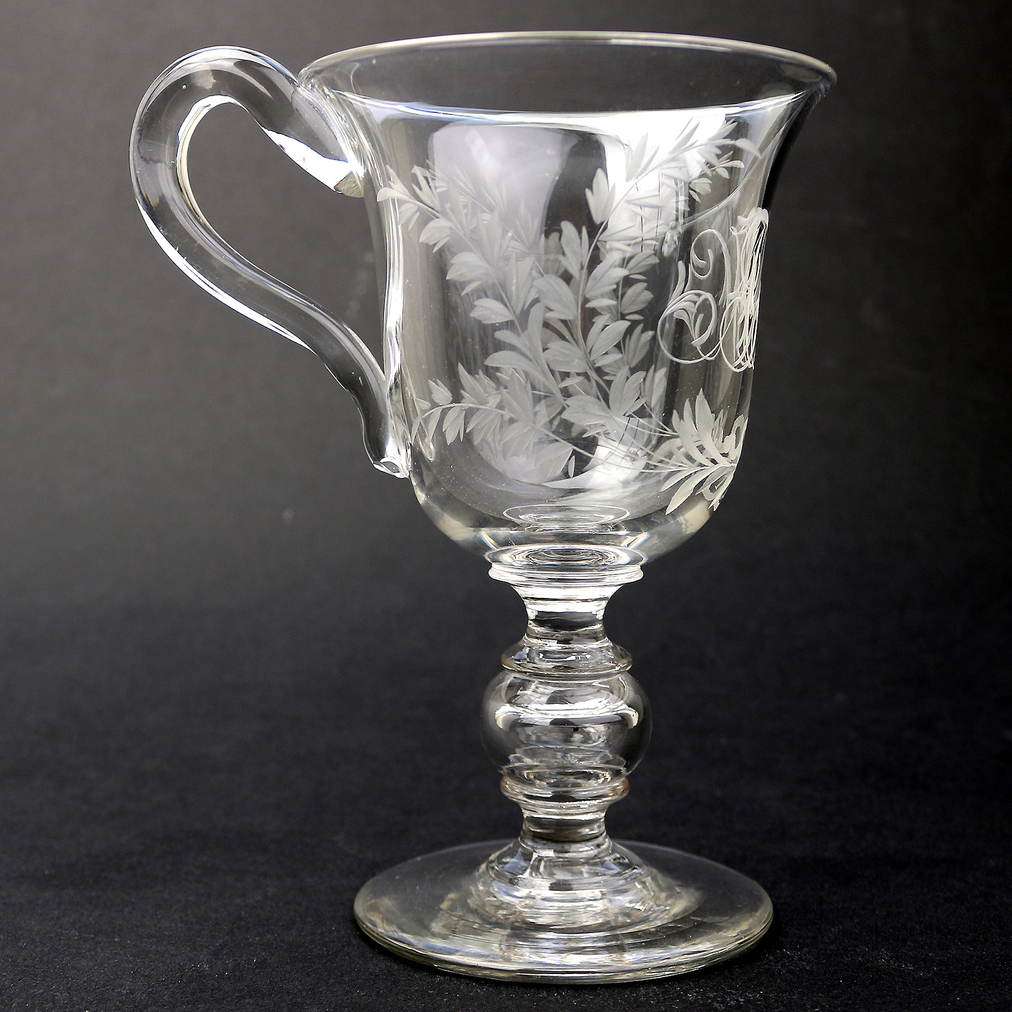 An unusual & substantial antique Victorian engraved hollow stem glass Goblet 19thC