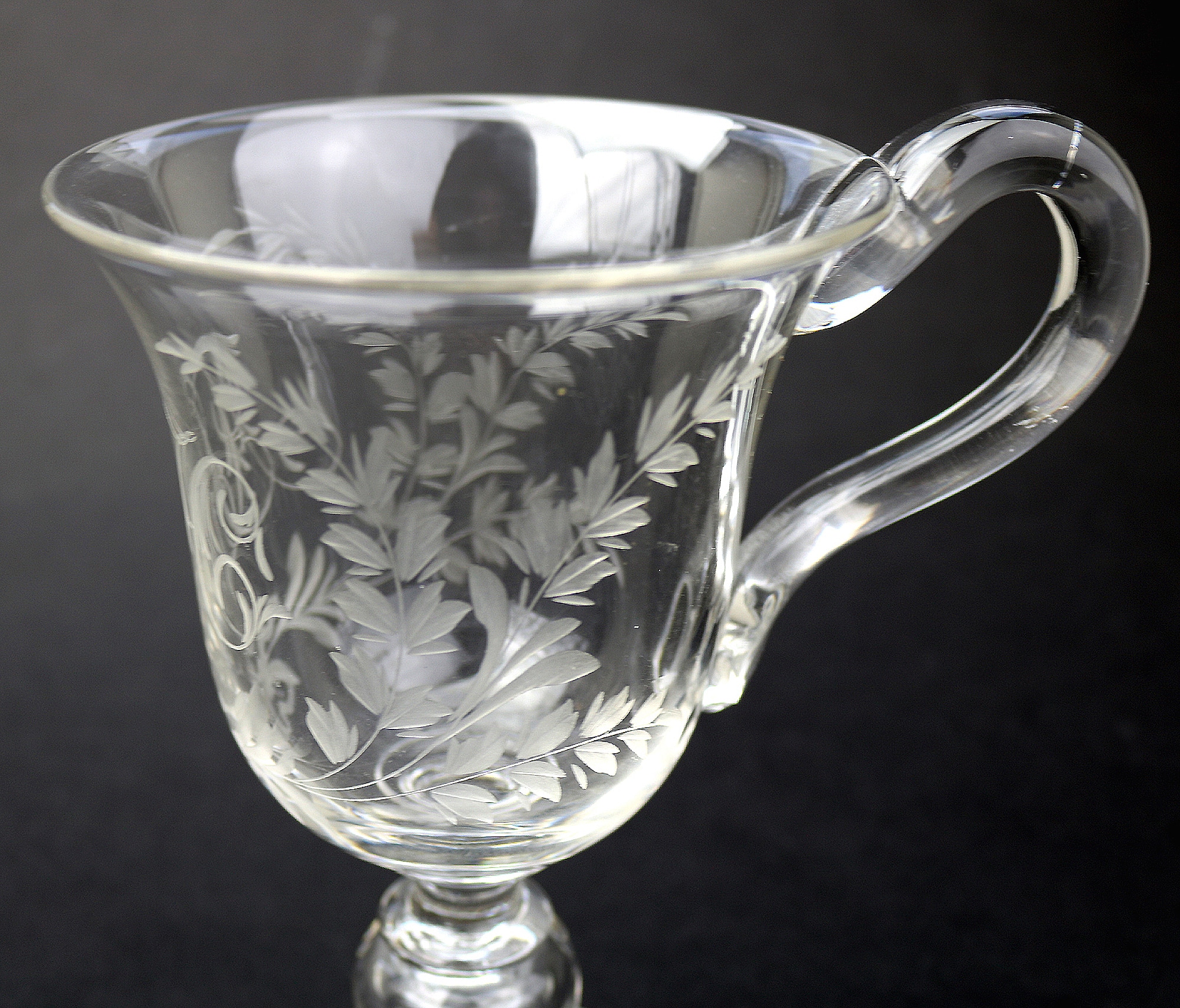 An unusual & substantial antique Victorian engraved hollow stem glass Goblet 19thC