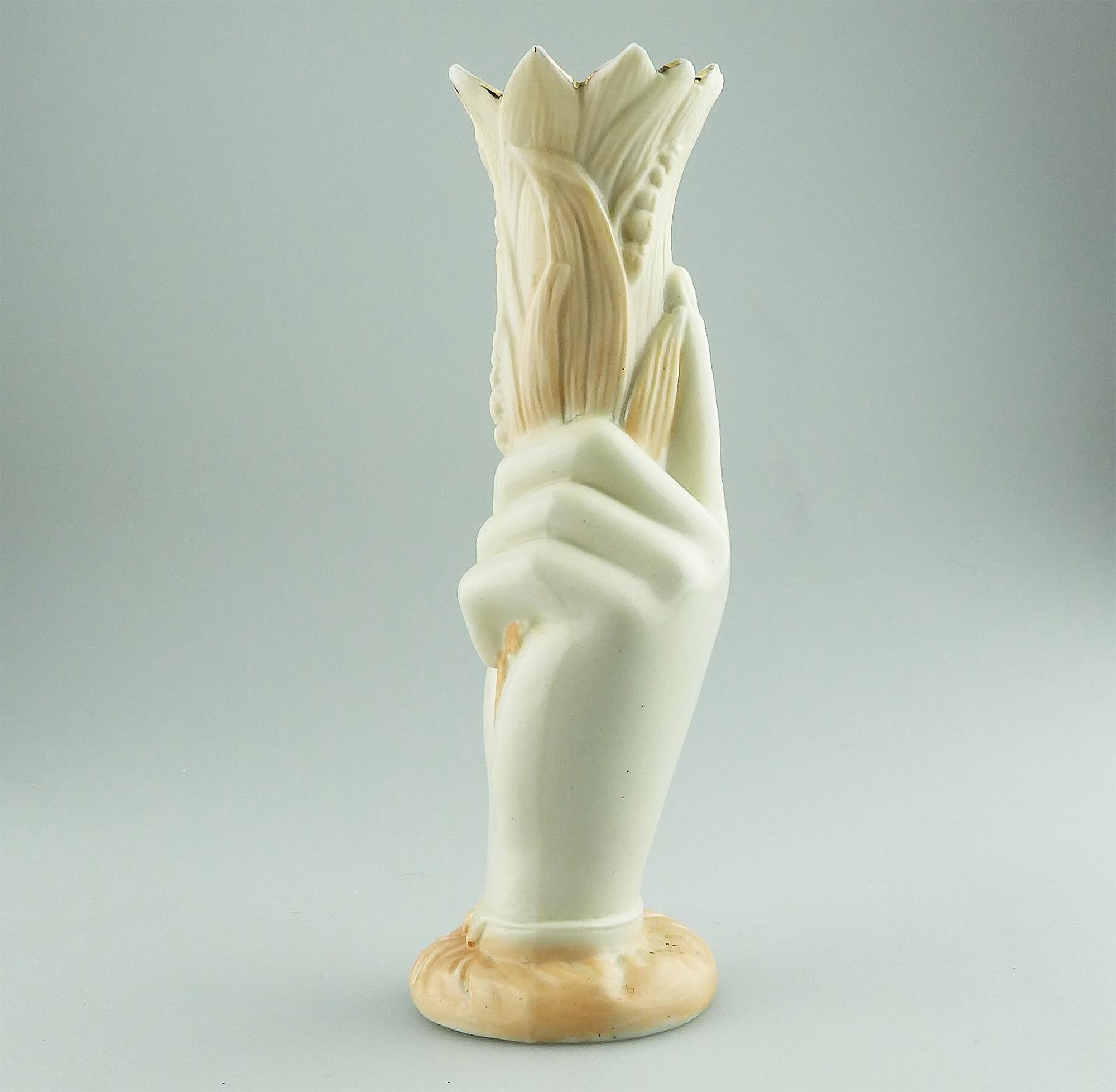 An antique Victorian parian hand-coloured porcelain novelty Hand Vase C.19thC