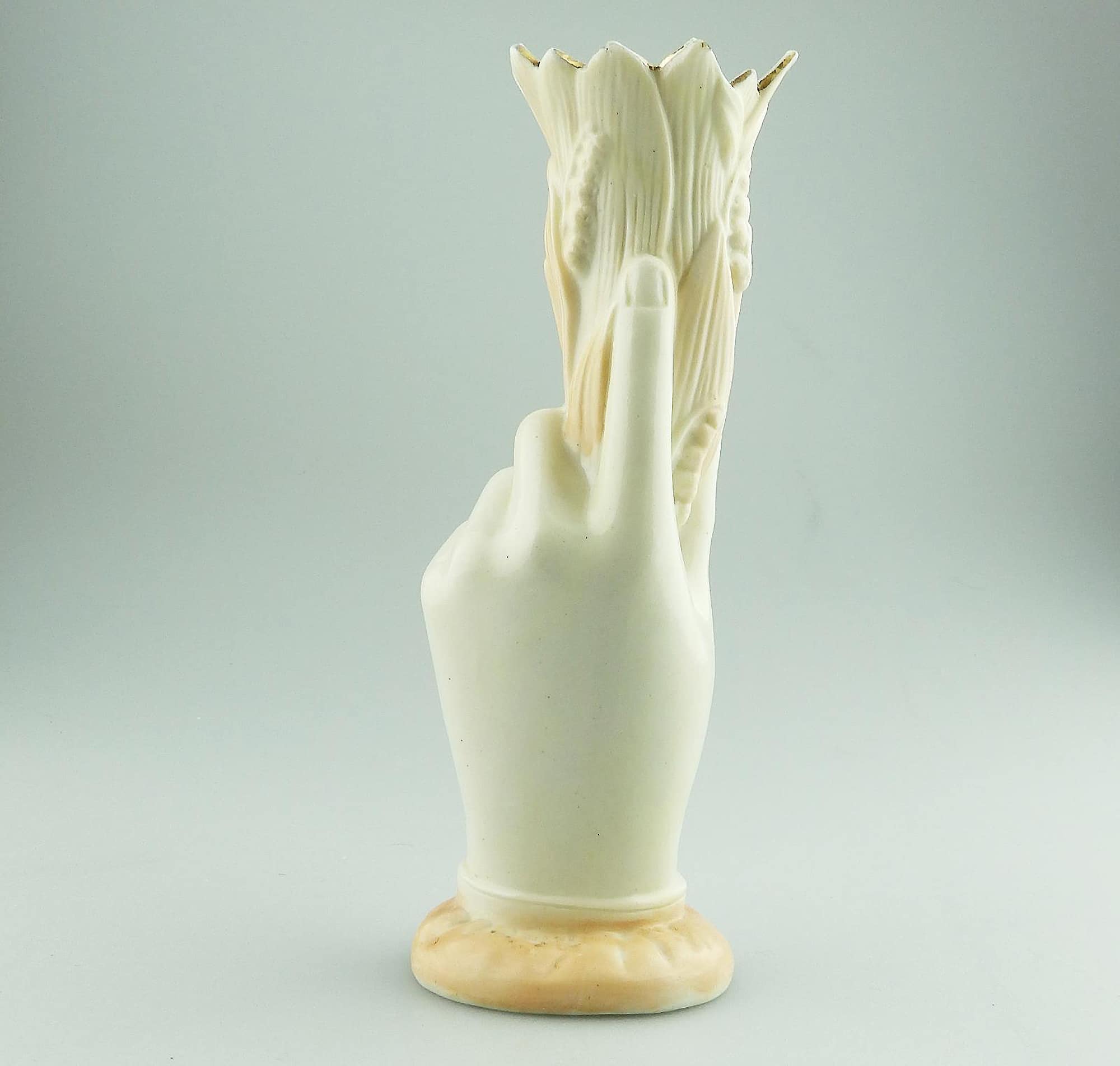 An antique Victorian parian hand-coloured porcelain novelty Hand Vase C.19thC