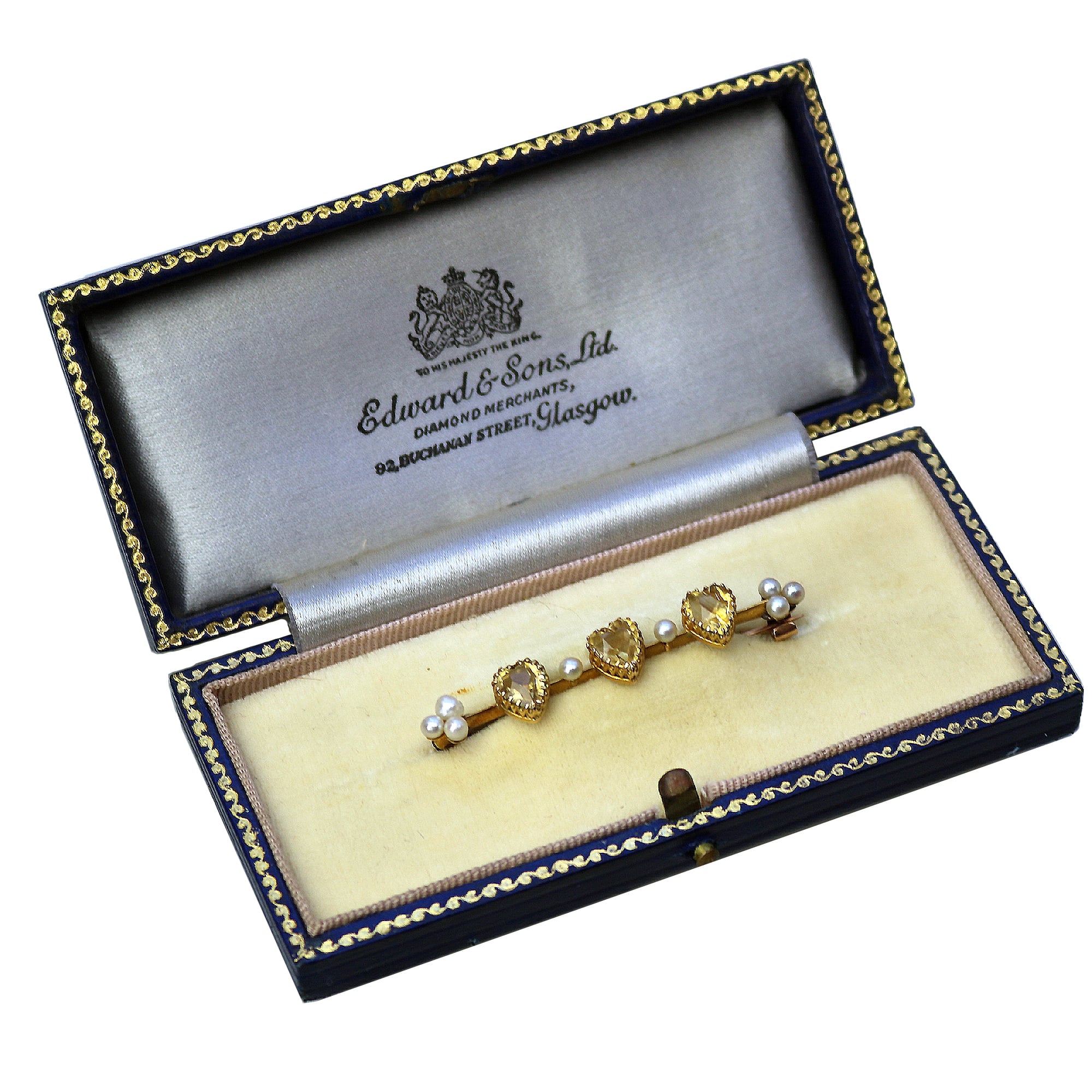 A very fine antique 15ct gold bar brooch set 3X heart cut citrine or yellow topaz C.1900