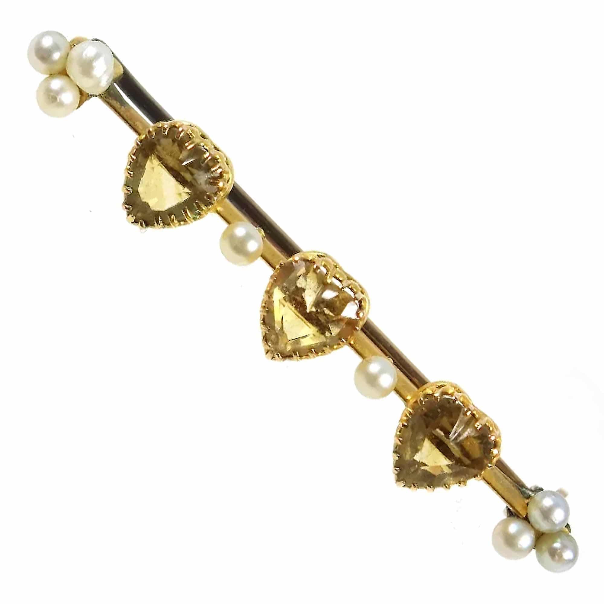 A very fine antique 15ct gold bar brooch set 3X heart cut citrine or yellow topaz C.1900