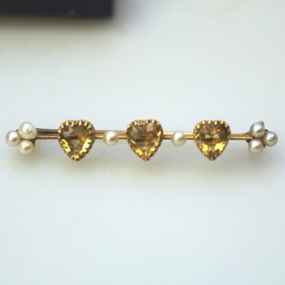 A very fine antique 15ct gold bar brooch set 3X heart cut citrine or yellow topaz C.1900 - Image 5