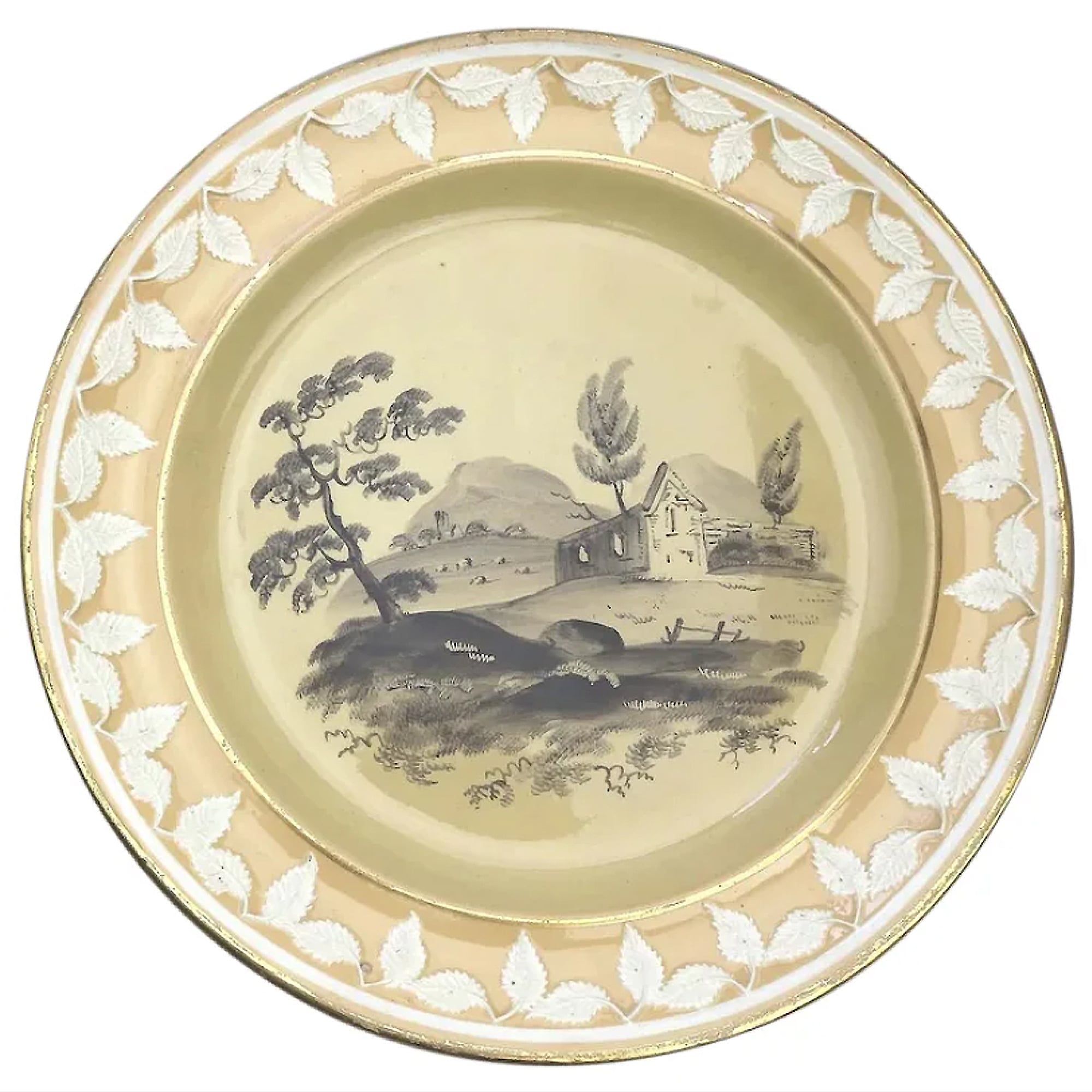 An antique Georgian Staffordshire Drab Porcelain Bat en grisaille Plate C.1790