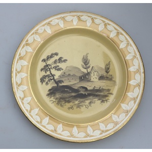 An antique Georgian Staffordshire Drab Porcelain Bat en grisaille Plate C.1790