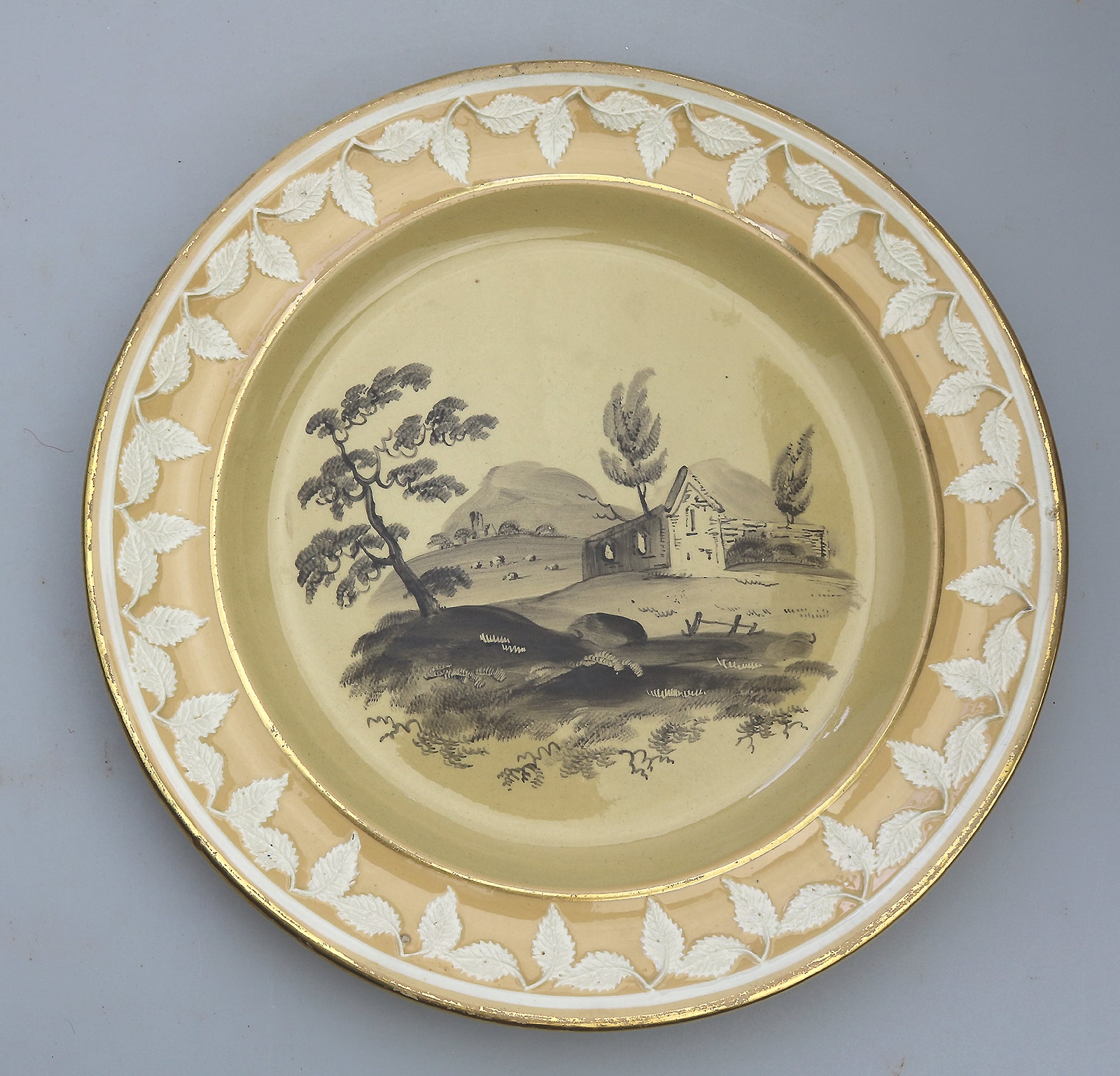 An antique Georgian Staffordshire Drab Porcelain Bat en grisaille Plate C.1790