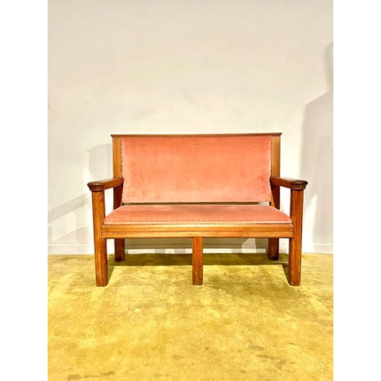Large Wooden Pitch Pine Upholstered Bench
