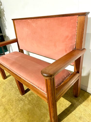 Large Wooden Pitch Pine Upholstered Bench