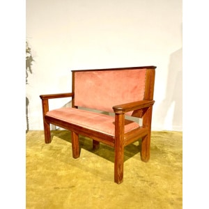 Large Wooden Pitch Pine Upholstered Bench