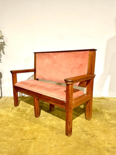 Large Wooden Pitch Pine Upholstered Bench