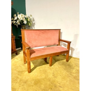 Large Wooden Pitch Pine Upholstered Bench